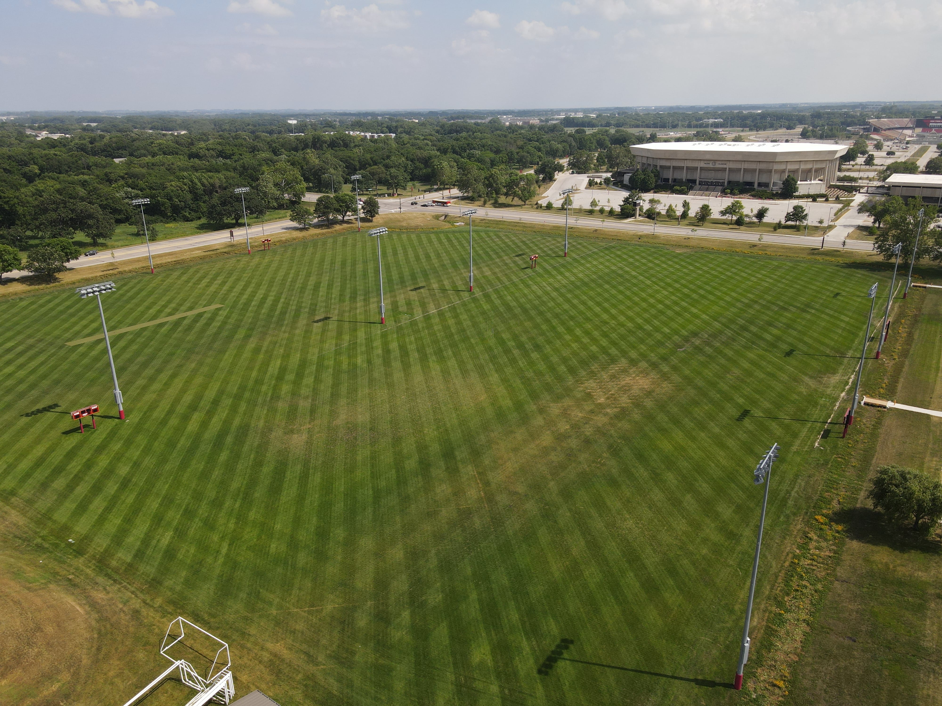 a overviewing drone photo of the lied recreational field